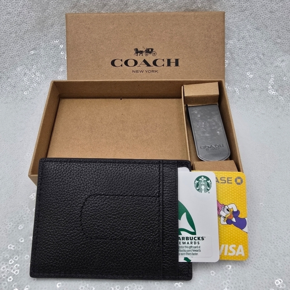 Coach Boxed Card Case & Money Clip Gift Set Black Leather - Picture 4 of 12
